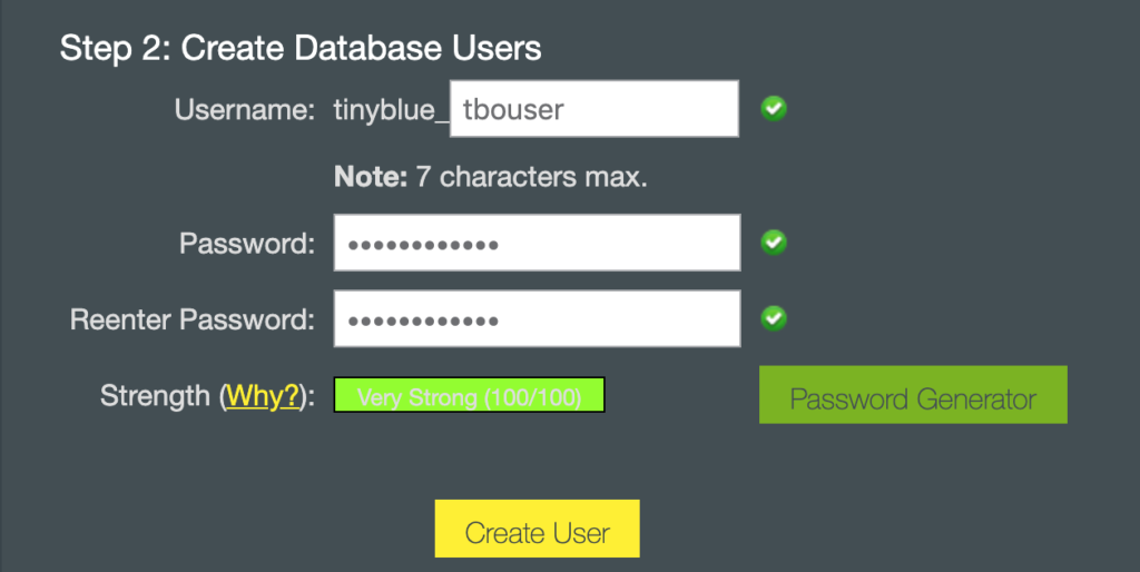 The second step in creating a database is to generate a user // prep for WordPress // tiny blue orange