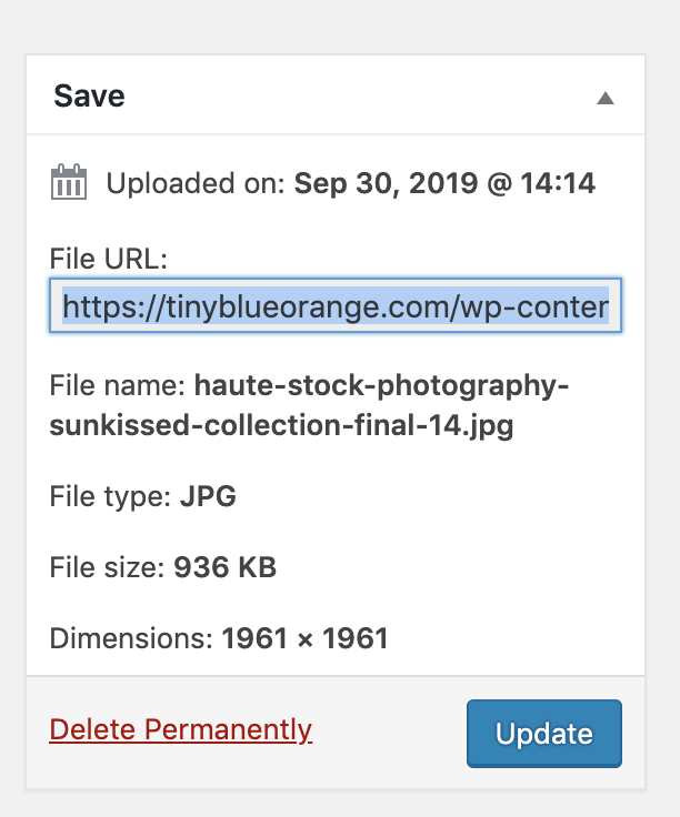 The sidebar of the media editor page within WordPress. The File URL is highlighted to show what link to copy.  // tiny blue orange